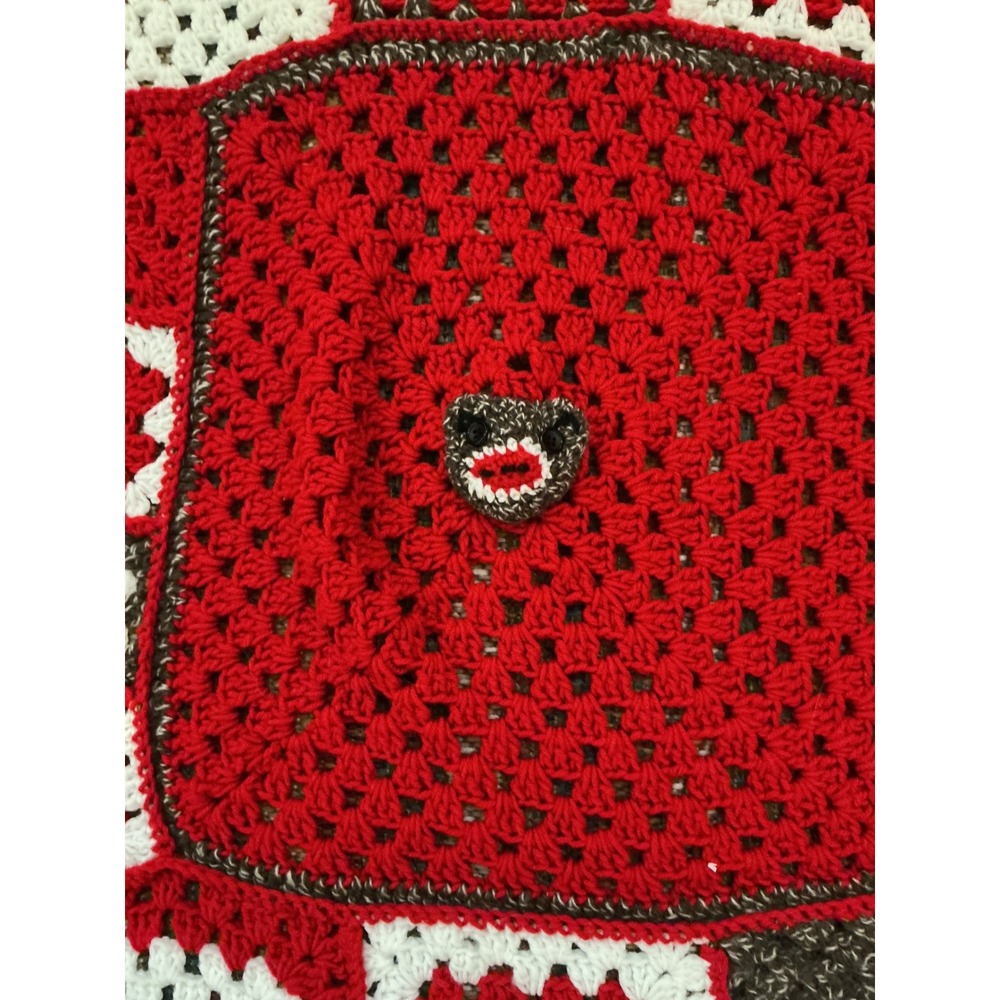VTG Handmade Red White Brown Crochet Granny Square Sock‎ Monkey Face Kids Afghan - Picture 2 of 5